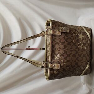 Coach Signature C Heritage Gold Stars Coated Canvas Shoulder Tote Bag